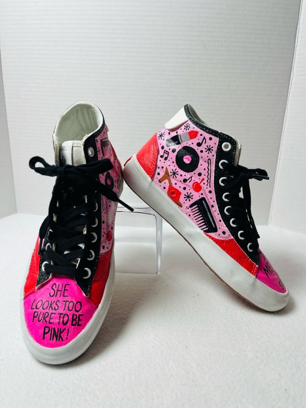 Vans Sk8-Hi Custom Hand Painted Grease Pink Ladies Retro Rock Shoes Rare 6.5